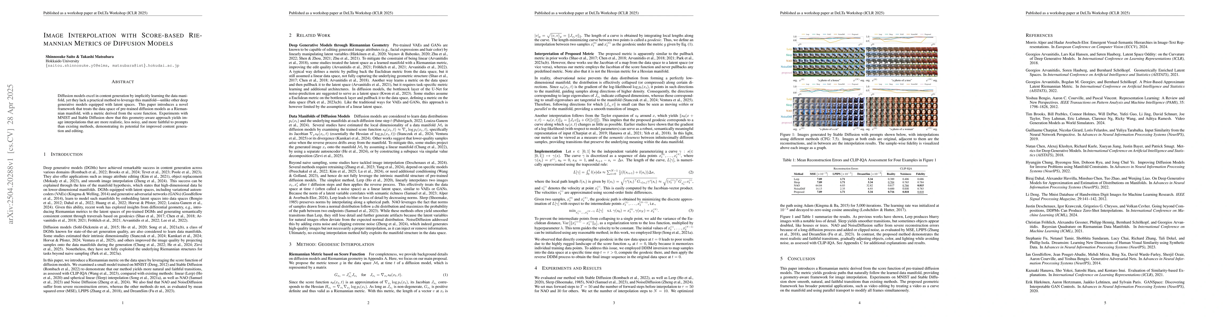 Thumbnail for Image Interpolation with Score-based Riemannian Metrics of Diffusion
  Models