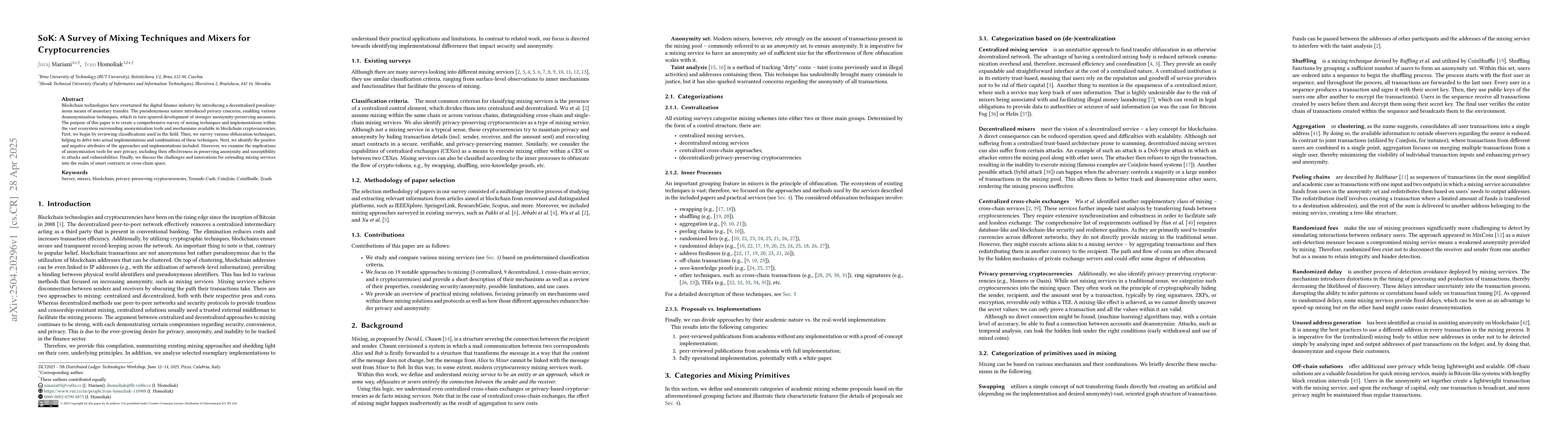 Thumbnail for SoK: A Survey of Mixing Techniques and Mixers for Cryptocurrencies