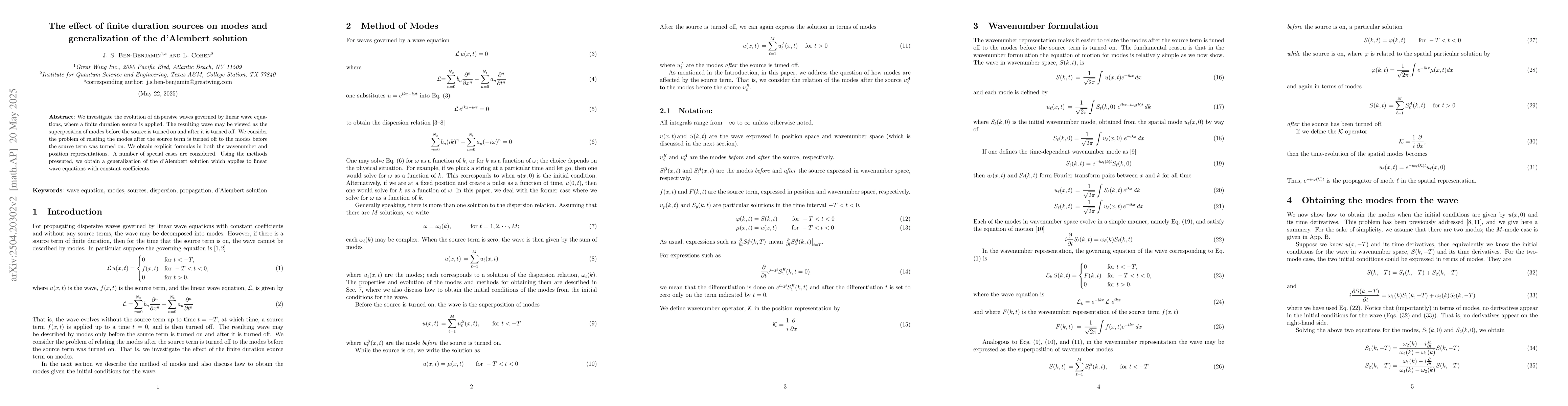 Thumbnail for The effect of finite duration sources on modes and generalization of the
  d'Alembert solution