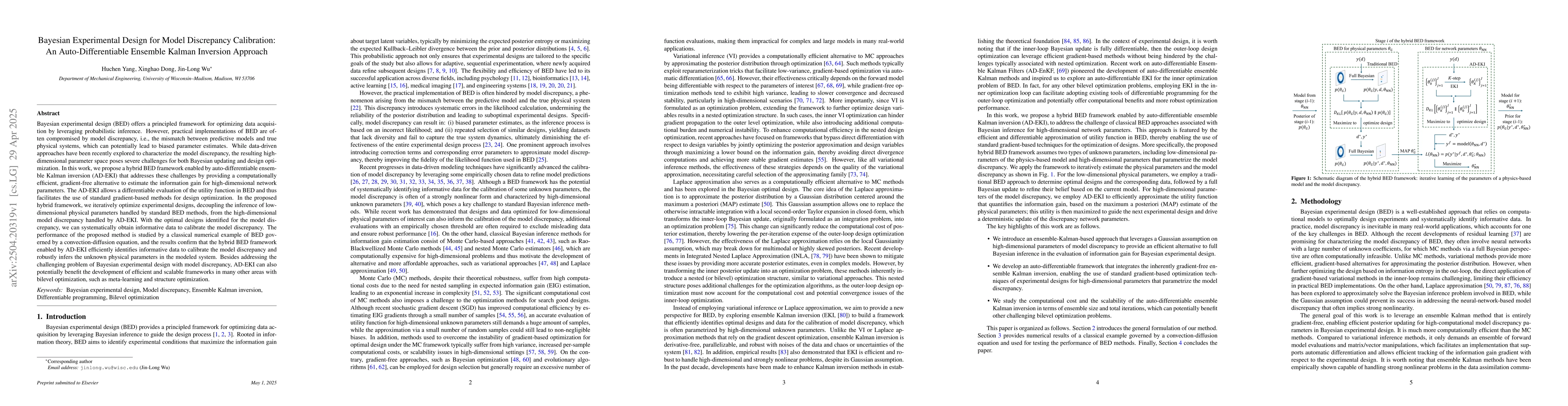 Thumbnail for Bayesian Experimental Design for Model Discrepancy Calibration: An
  Auto-Differentiable Ensemble Kalman Inversion Approach