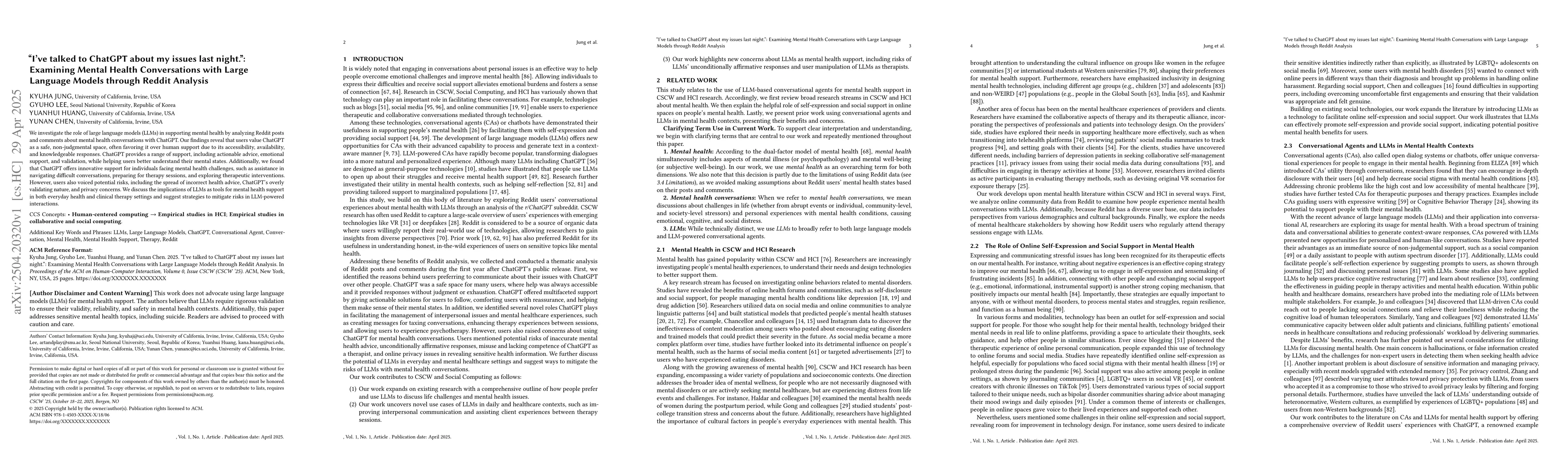 Thumbnail for "I've talked to ChatGPT about my issues last night.": Examining Mental
  Health Conversations with Large Language Models through Reddit Analysis