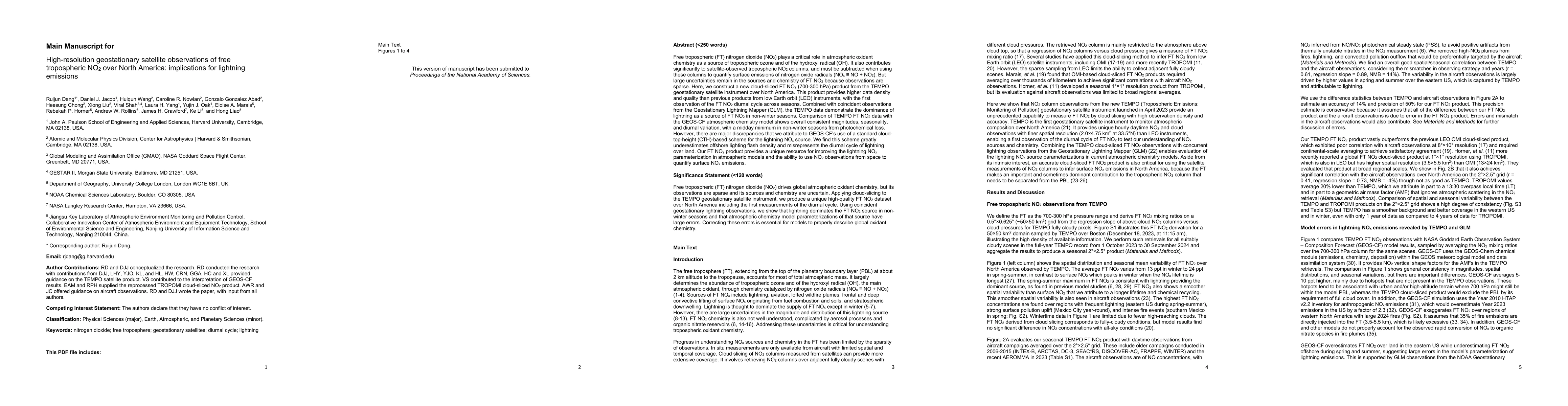 Thumbnail for High-resolution geostationary satellite observations of free
  tropospheric NO2 over North America: implications for lightning emissions