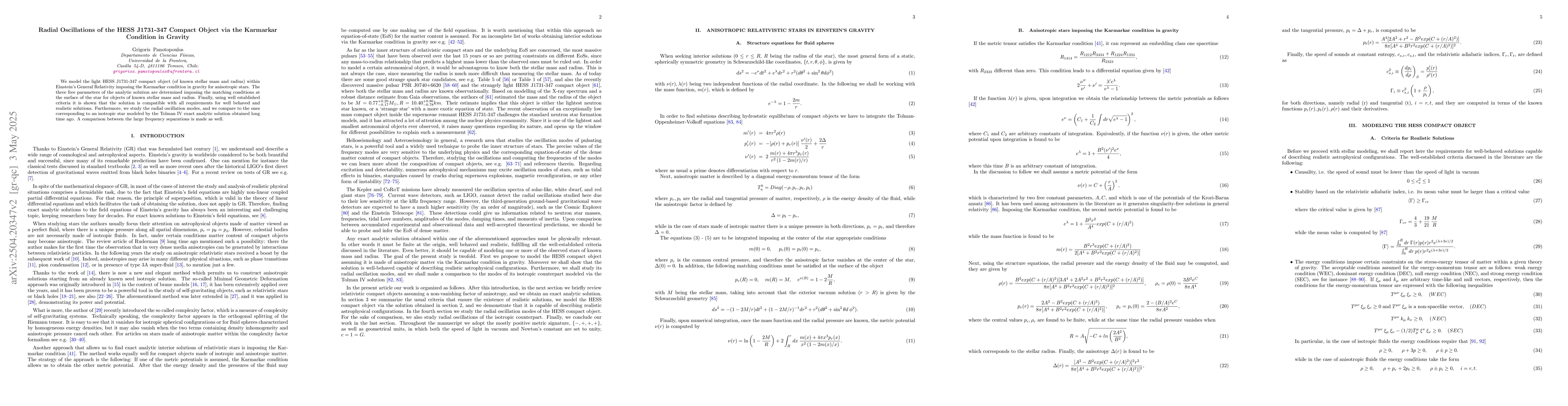 Thumbnail for Radial Oscillations of the HESS J1731-347 Compact Object via the
  Karmarkar Condition in Gravity