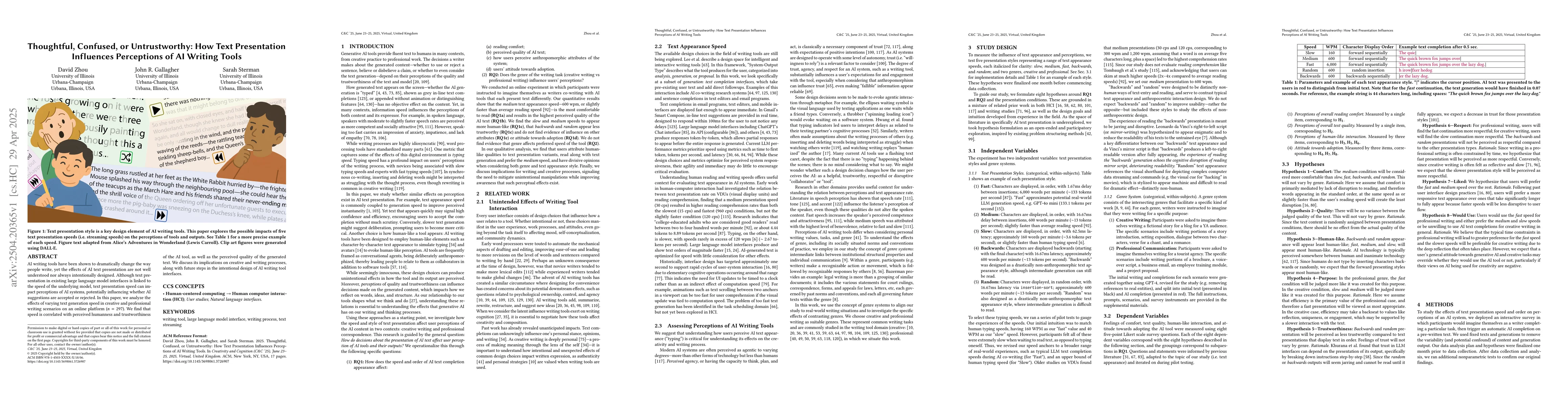 Thumbnail for Thoughtful, Confused, or Untrustworthy: How Text Presentation Influences
  Perceptions of AI Writing Tools