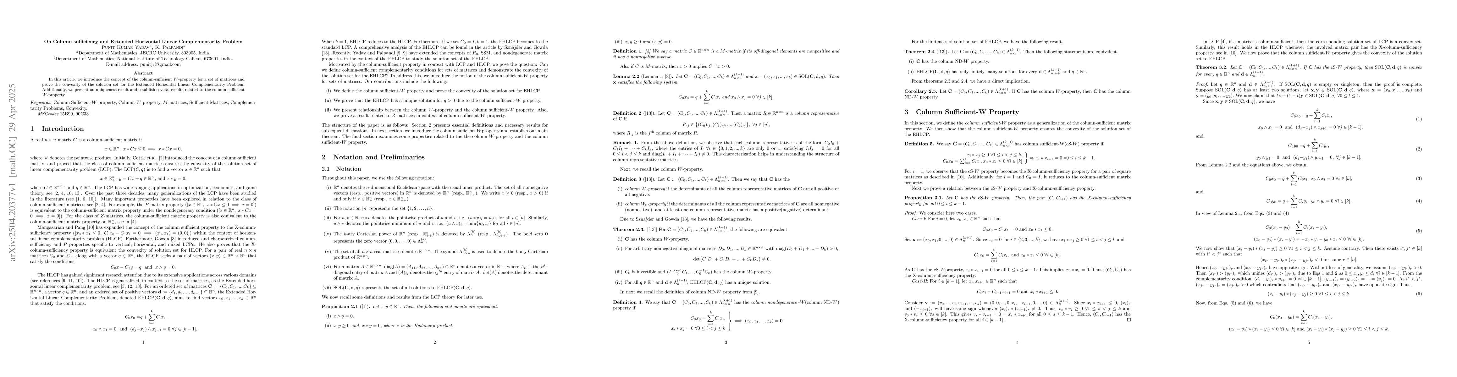 Thumbnail for On Column sufficiency and Extended Horizontal Linear Complementarity
  Problem