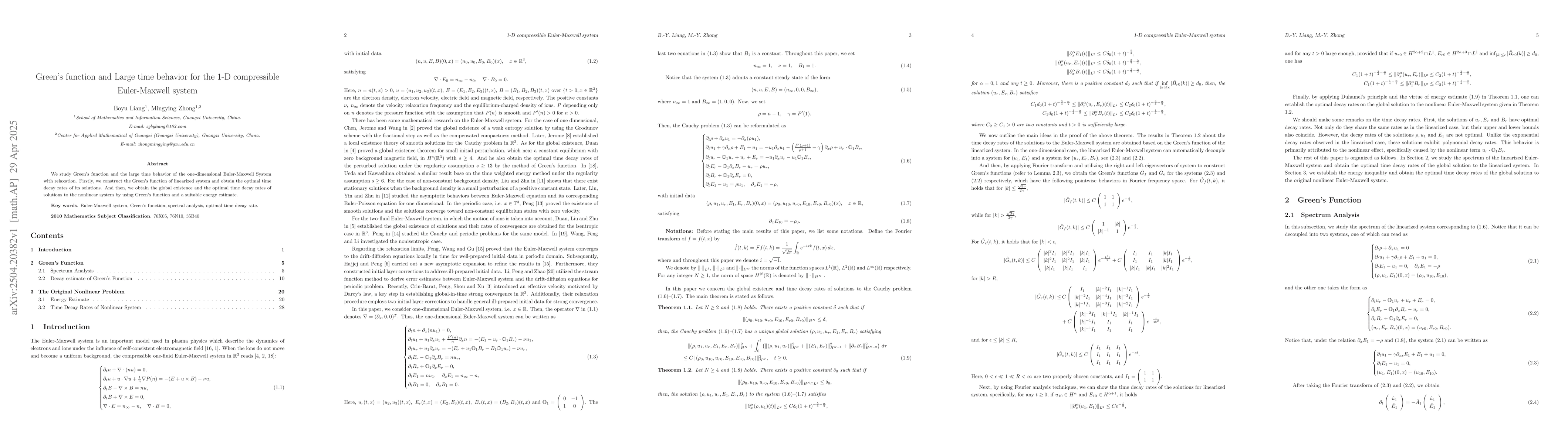 Thumbnail for Green's function and Large time behavior for the 1-D compressible
  Euler-Maxwell system