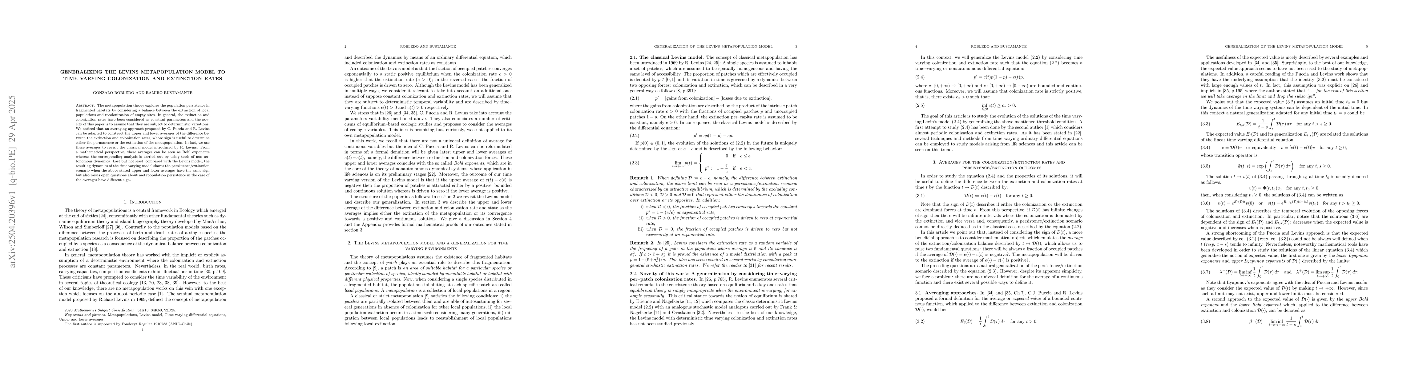 Thumbnail for Generalizing the Levins metapopulation model to time varying
  colonization and extinction rates