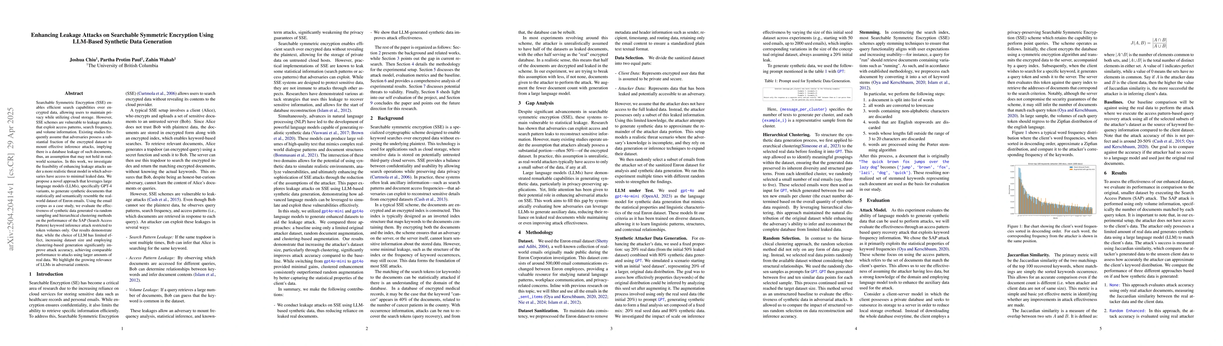 Thumbnail for Enhancing Leakage Attacks on Searchable Symmetric Encryption Using
  LLM-Based Synthetic Data Generation