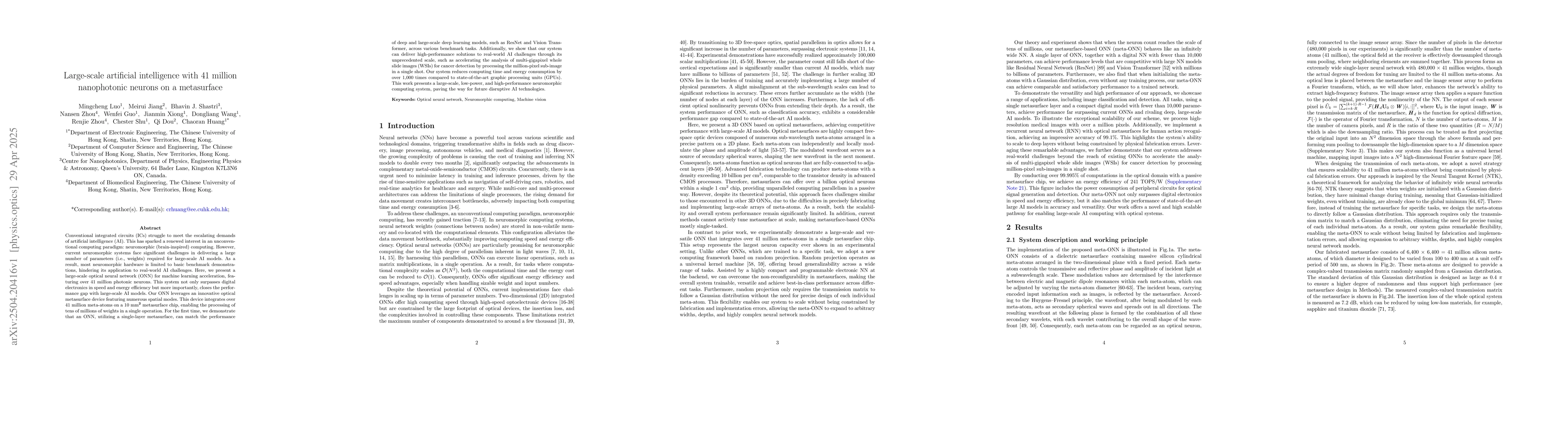 Thumbnail for Large-scale artificial intelligence with 41 million nanophotonic neurons
  on a metasurface