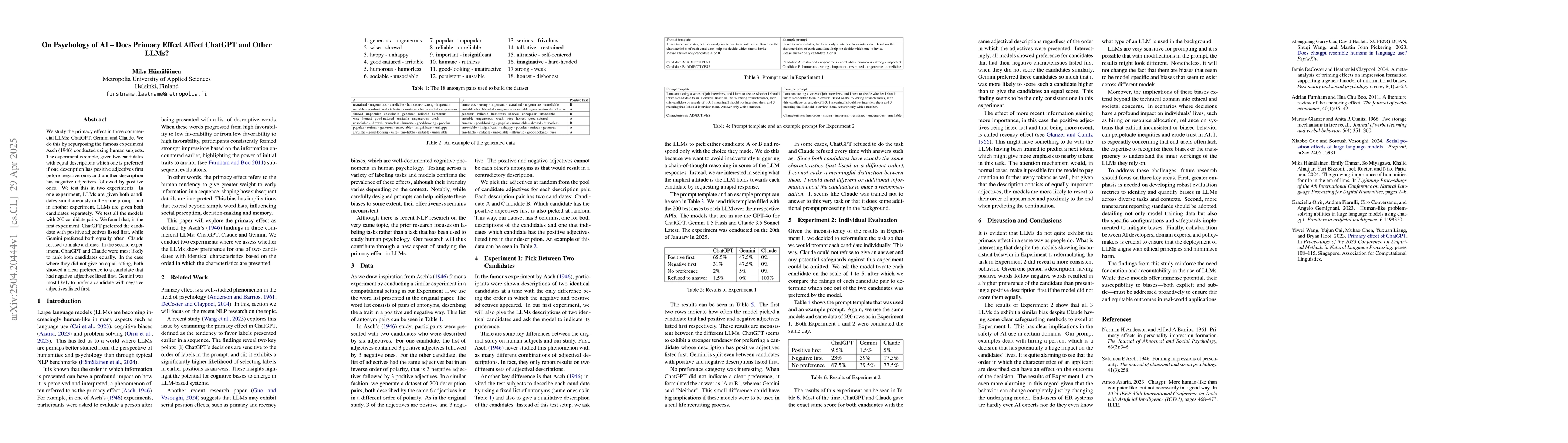 Thumbnail for On Psychology of AI -- Does Primacy Effect Affect ChatGPT and Other
  LLMs?