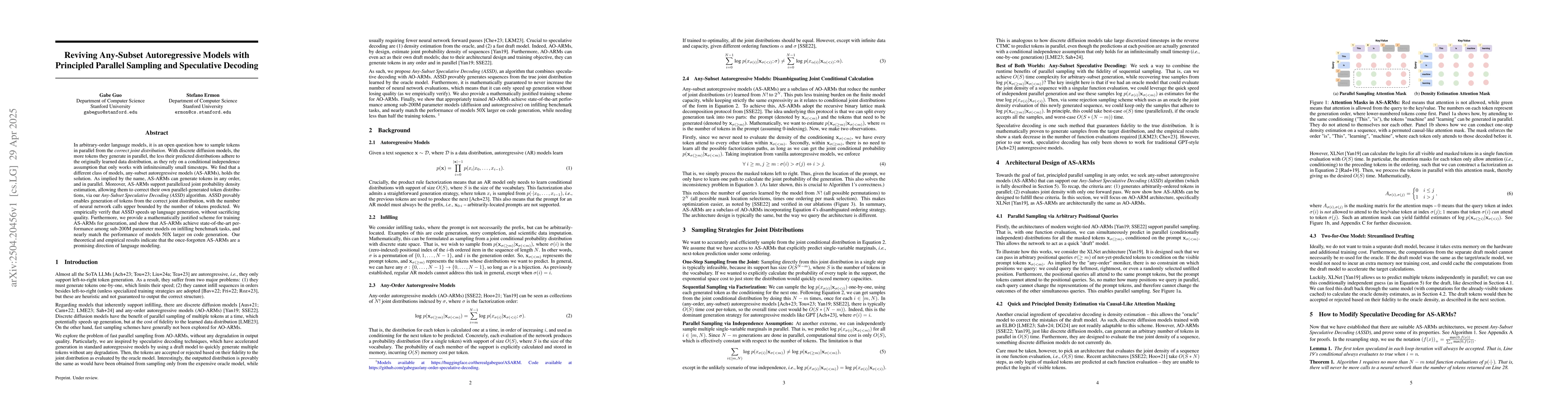 Thumbnail for Reviving Any-Subset Autoregressive Models with Principled Parallel
  Sampling and Speculative Decoding