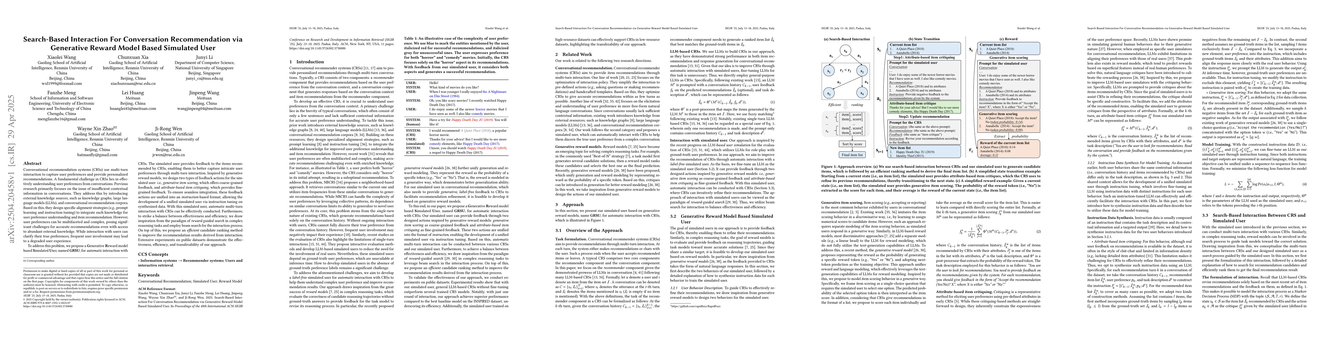 Thumbnail for Search-Based Interaction For Conversation Recommendation via Generative
  Reward Model Based Simulated User