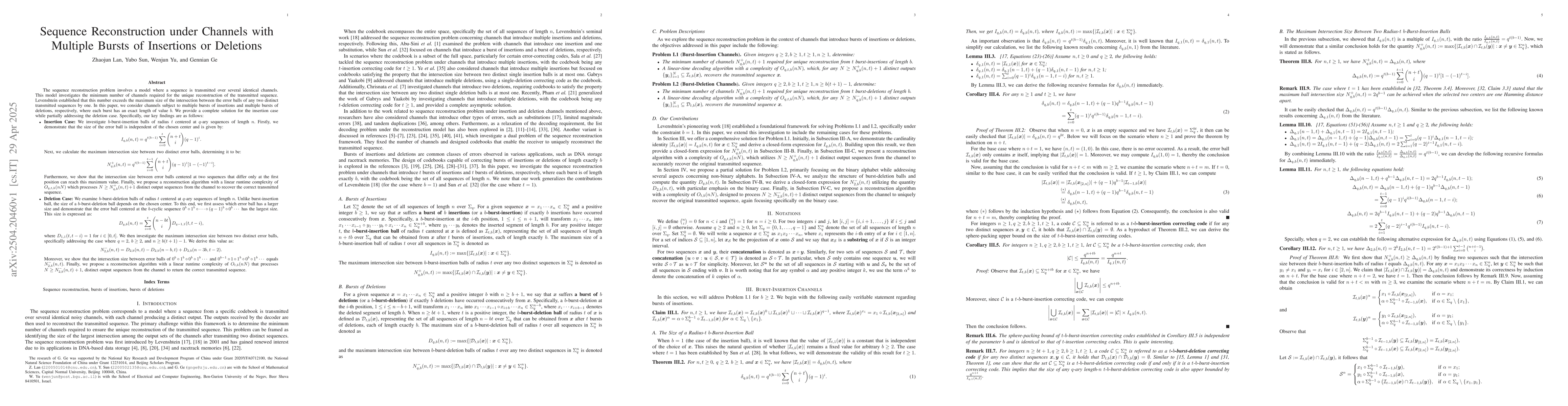 Thumbnail for Sequence Reconstruction under Channels with Multiple Bursts of
  Insertions or Deletions
