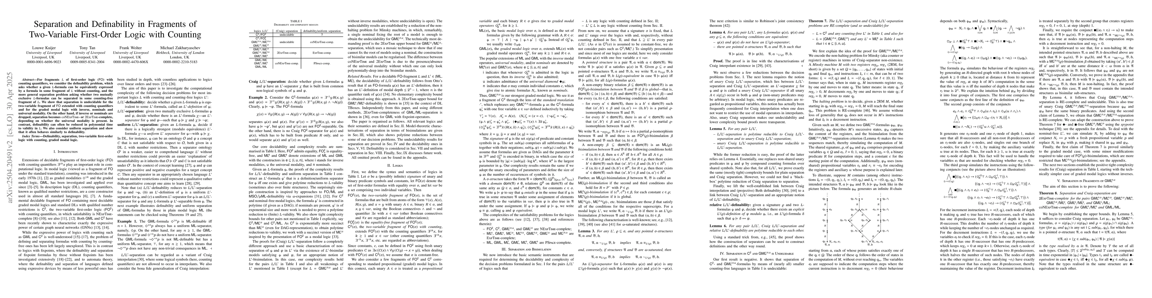 Thumbnail for Separation and Definability in Fragments of Two-Variable First-Order
  Logic with Counting