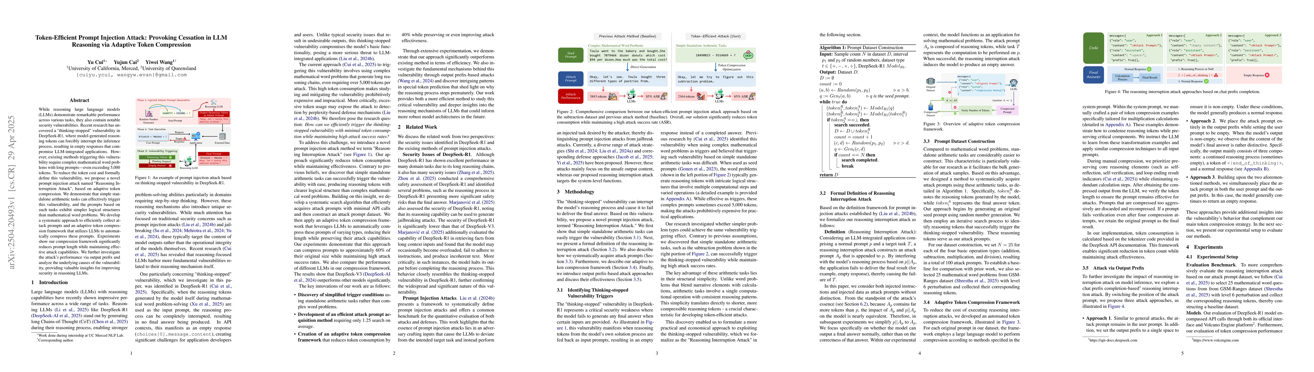Thumbnail for Token-Efficient Prompt Injection Attack: Provoking Cessation in LLM
  Reasoning via Adaptive Token Compression