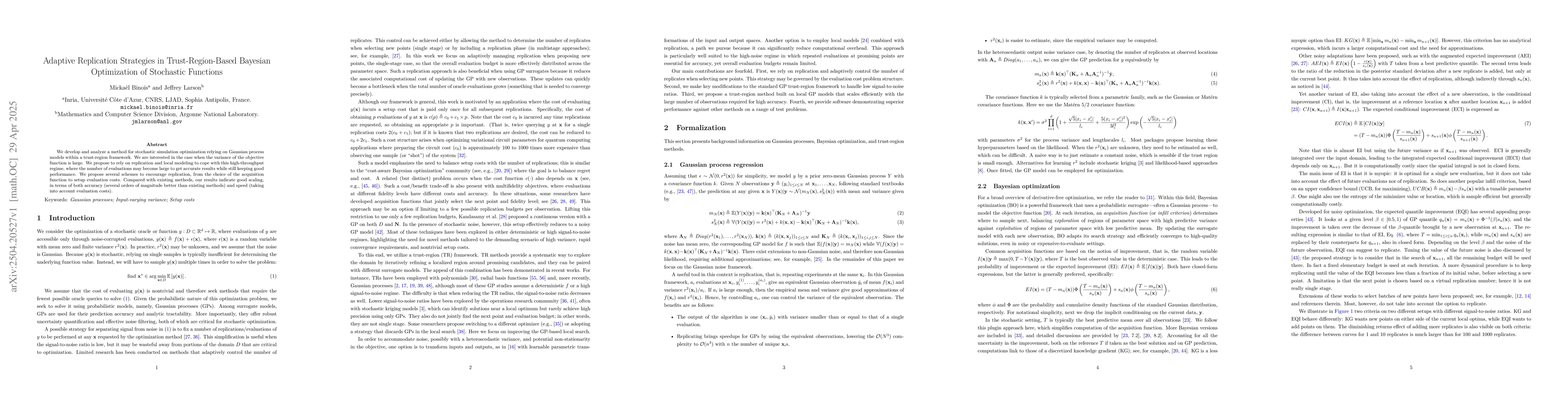 Thumbnail for Adaptive Replication Strategies in Trust-Region-Based Bayesian
  Optimization of Stochastic Functions