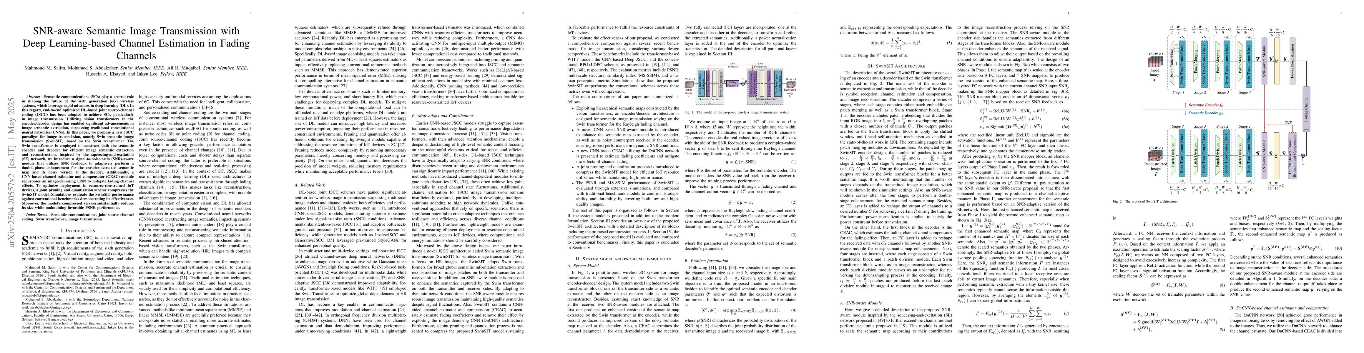 Thumbnail for SNR-aware Semantic Image Transmission with Deep Learning-based Channel
  Estimation in Fading Channels