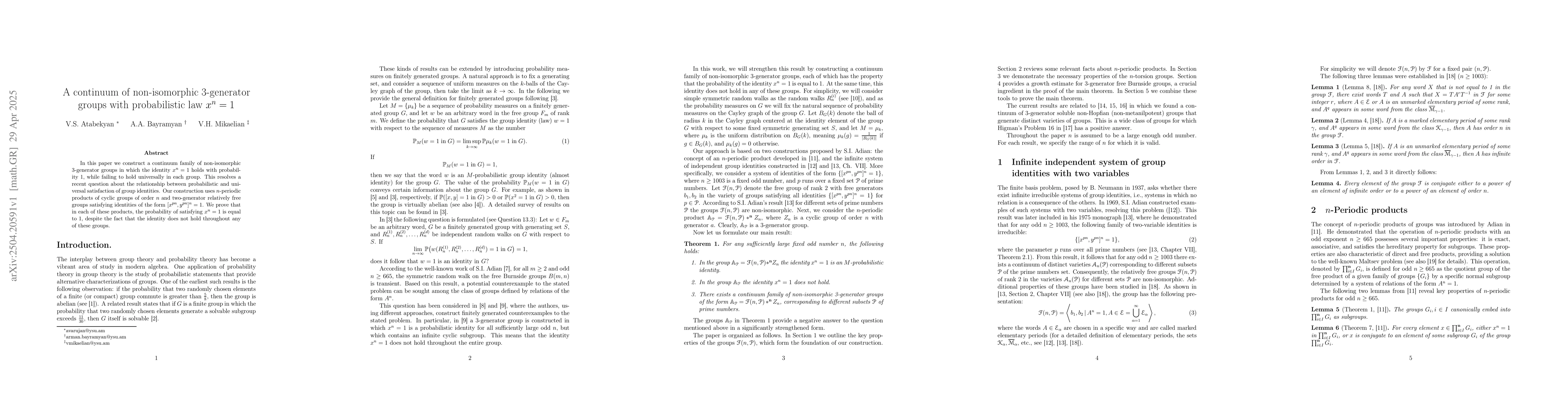Thumbnail for A continuum of non-isomorphic 3-generator groups with probabilistic law
  $x^n=1$