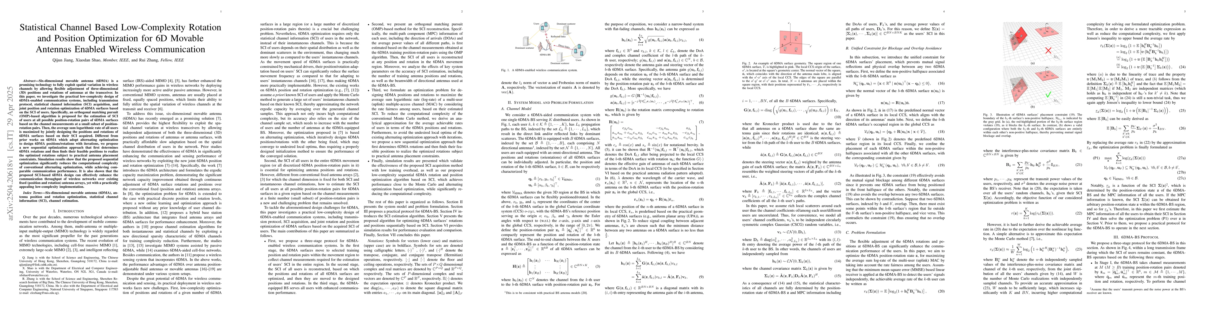 Thumbnail for Statistical Channel Based Low-Complexity Rotation and Position
  Optimization for 6D Movable Antennas Enabled Wireless Communication