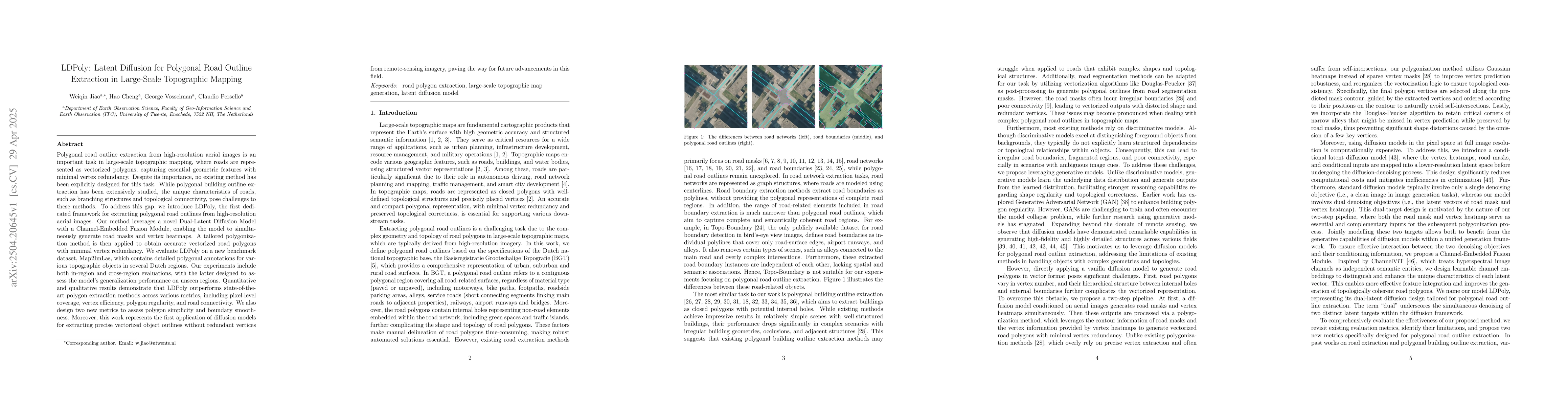 Thumbnail for LDPoly: Latent Diffusion for Polygonal Road Outline Extraction in
  Large-Scale Topographic Mapping