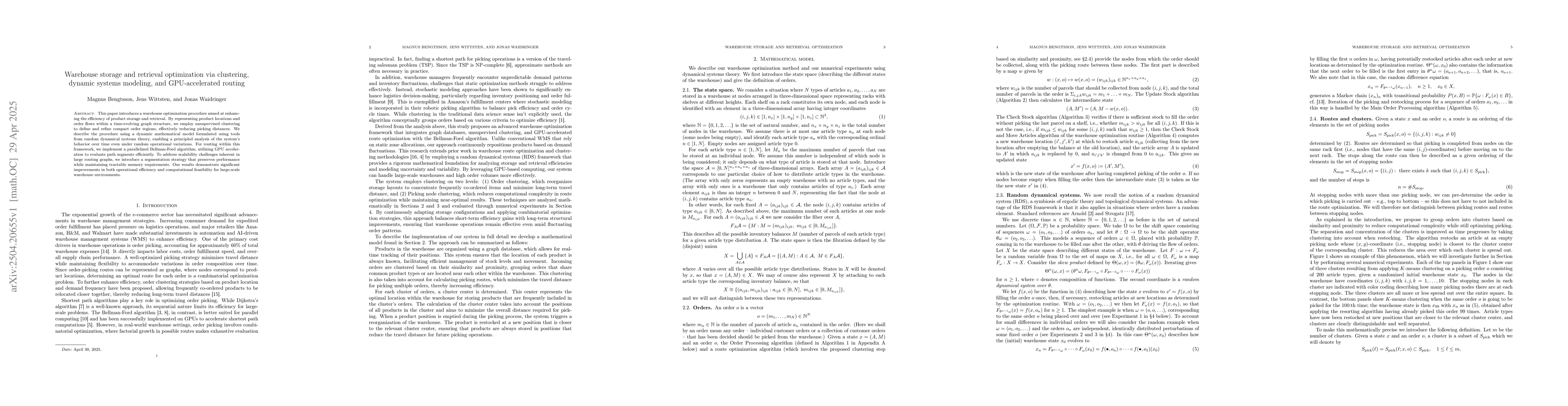 Thumbnail for Warehouse storage and retrieval optimization via clustering, dynamic
  systems modeling, and GPU-accelerated routing