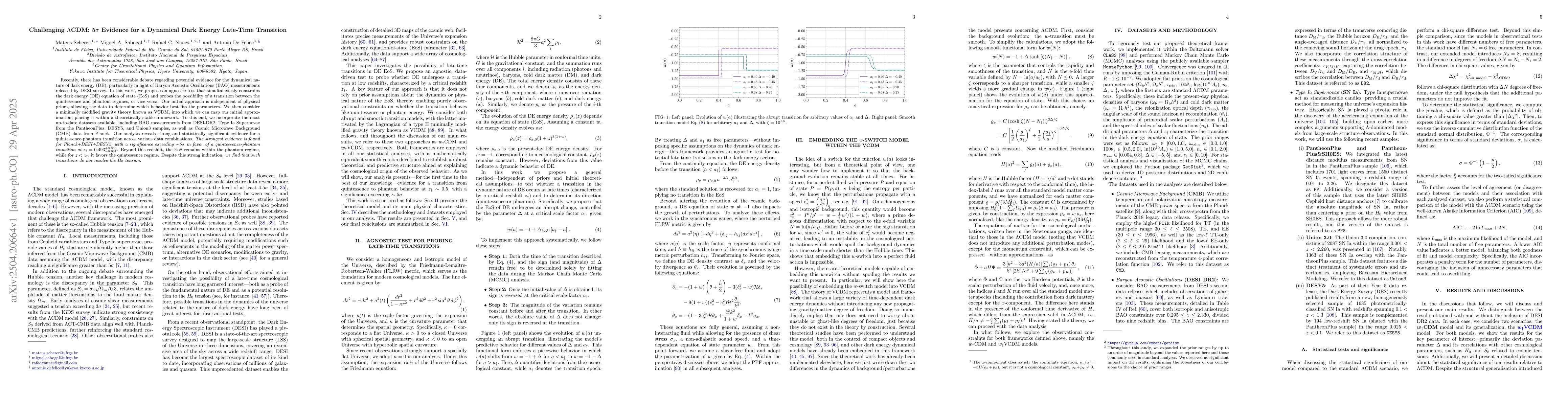 Thumbnail for Challenging $Λ$CDM: 5$σ$ Evidence for a Dynamical Dark Energy
  Late-Time Transition