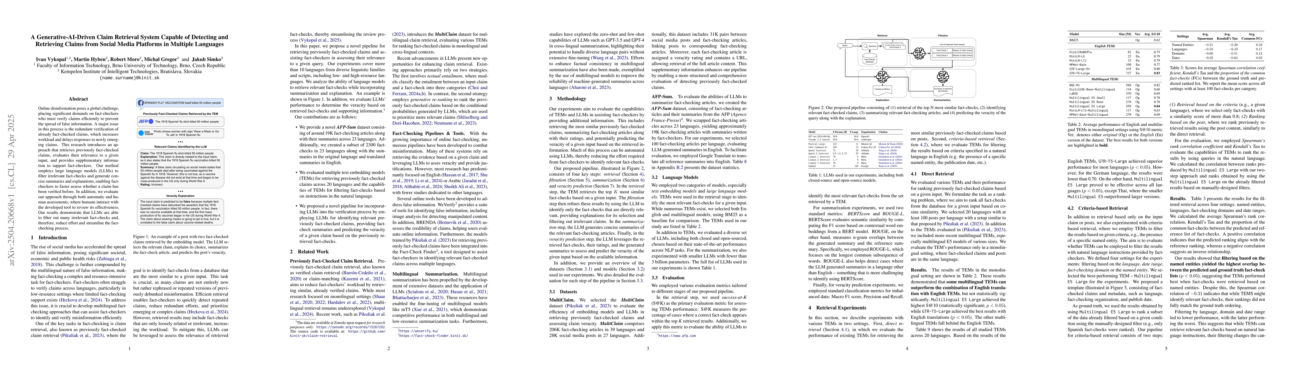 Thumbnail for A Generative-AI-Driven Claim Retrieval System Capable of Detecting and
  Retrieving Claims from Social Media Platforms in Multiple Languages