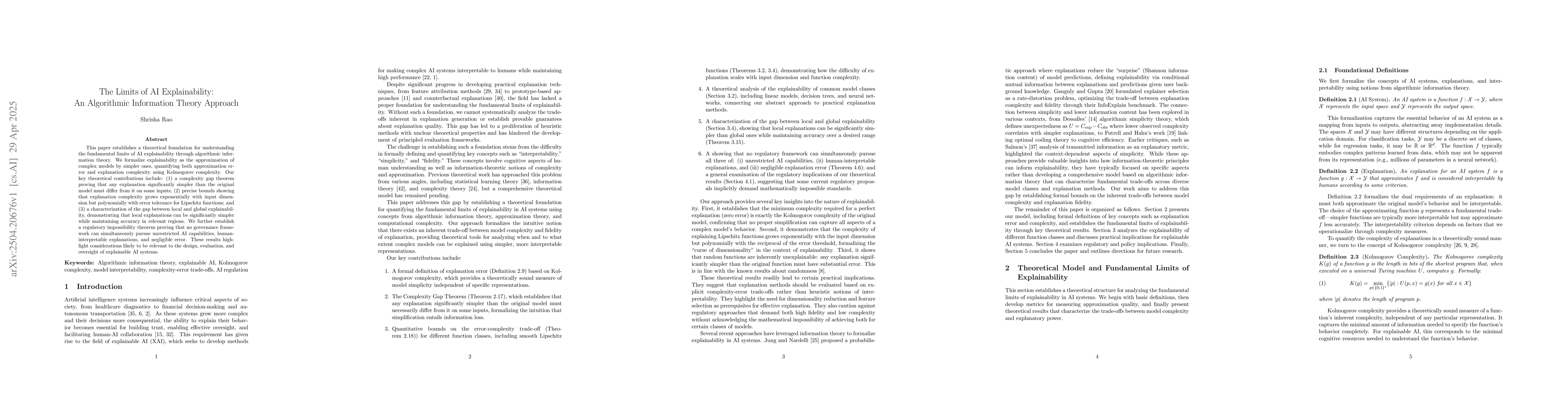 Thumbnail for The Limits of AI Explainability: An Algorithmic Information Theory
  Approach