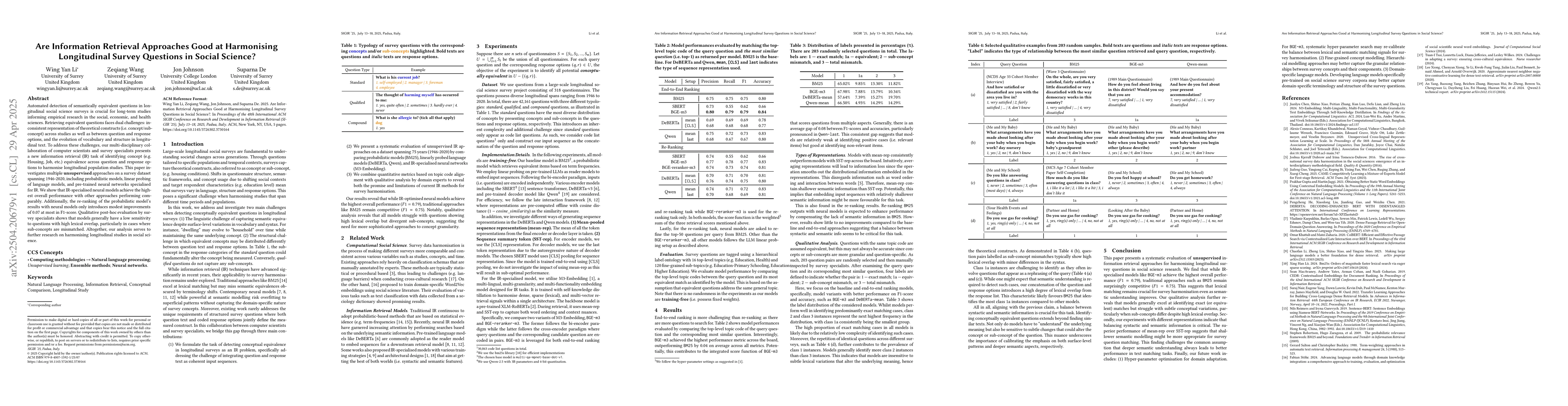 Thumbnail for Are Information Retrieval Approaches Good at Harmonising Longitudinal
  Survey Questions in Social Science?