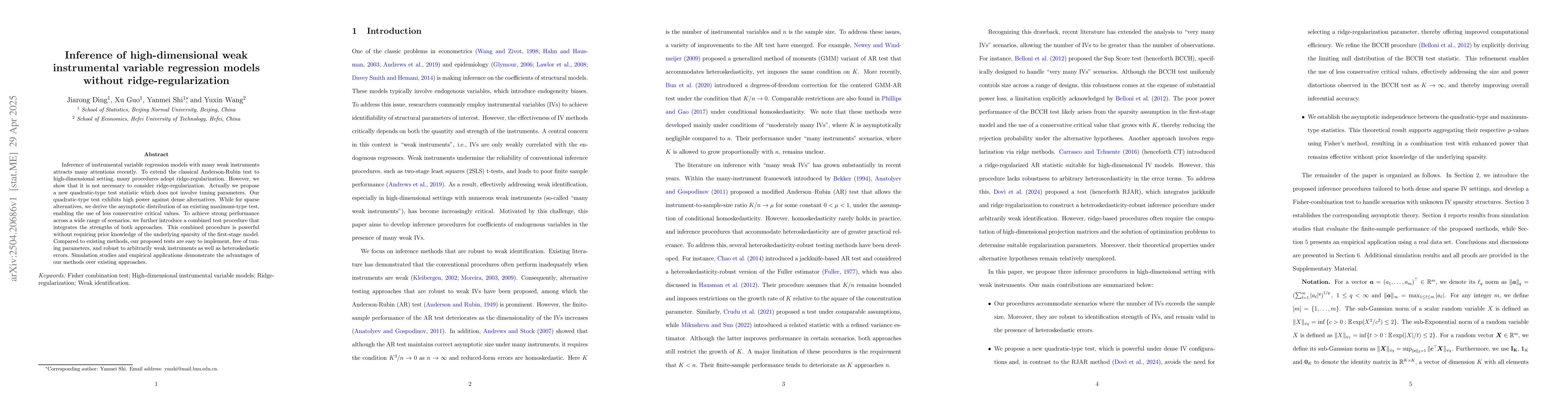 Thumbnail for Inference of high-dimensional weak instrumental variable regression
  models without ridge-regularization