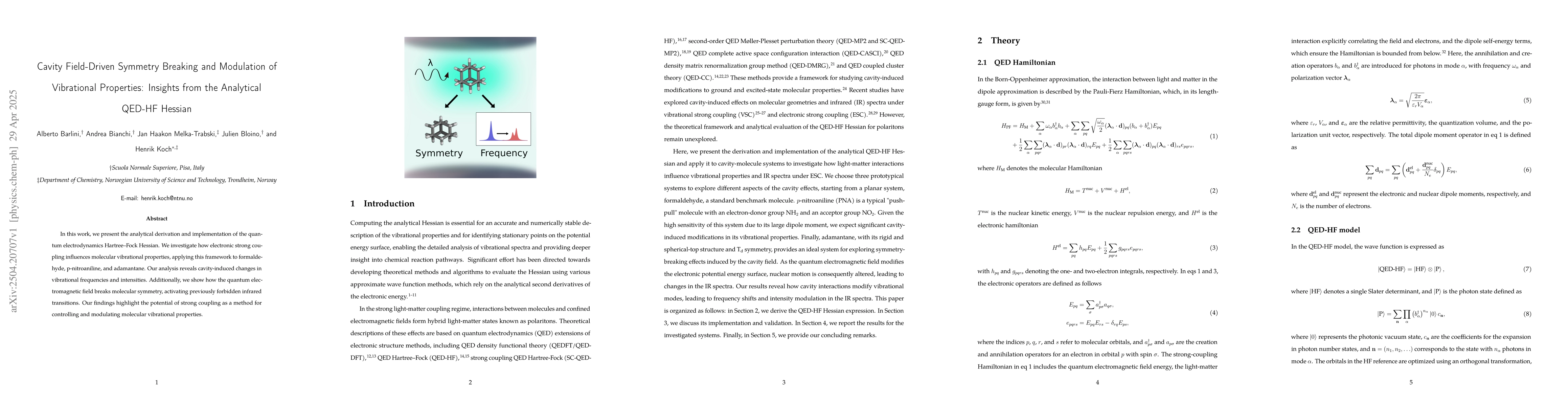 Thumbnail for Cavity Field-Driven Symmetry Breaking and Modulation of Vibrational
  Properties: Insights from the Analytical QED-HF Hessian