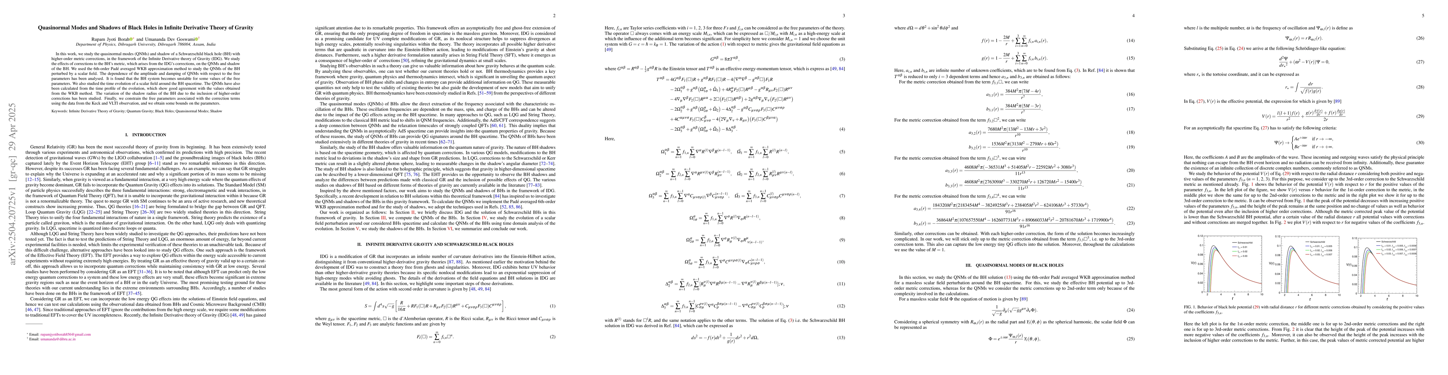 Thumbnail for Quasinormal Modes and Shadows of Black Holes in Infinite Derivative
  Theory of Gravity