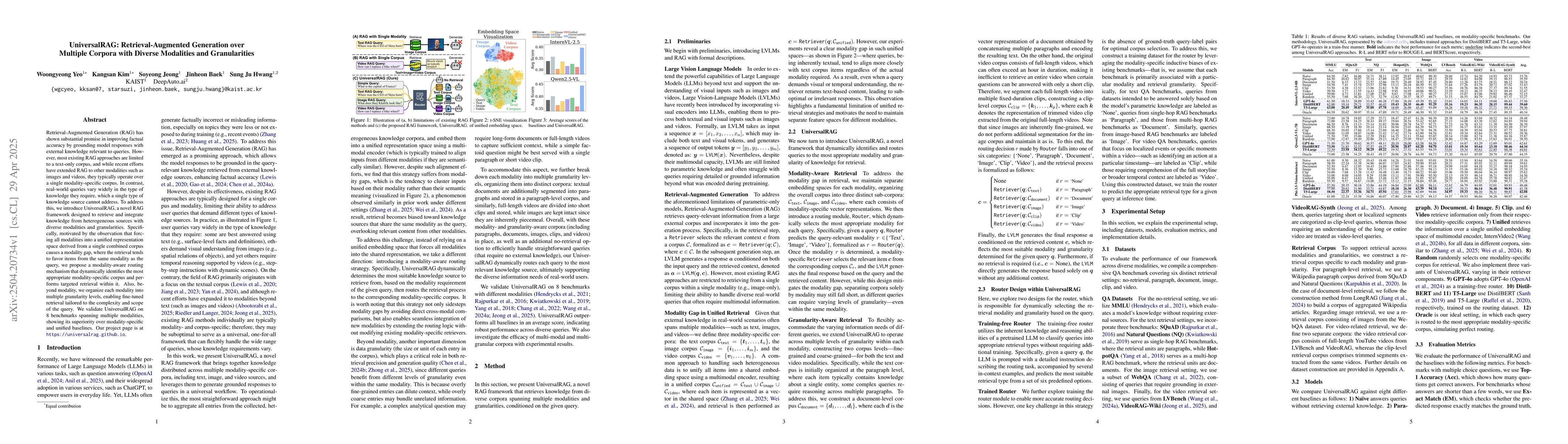 Thumbnail for UniversalRAG: Retrieval-Augmented Generation over Multiple Corpora with
  Diverse Modalities and Granularities