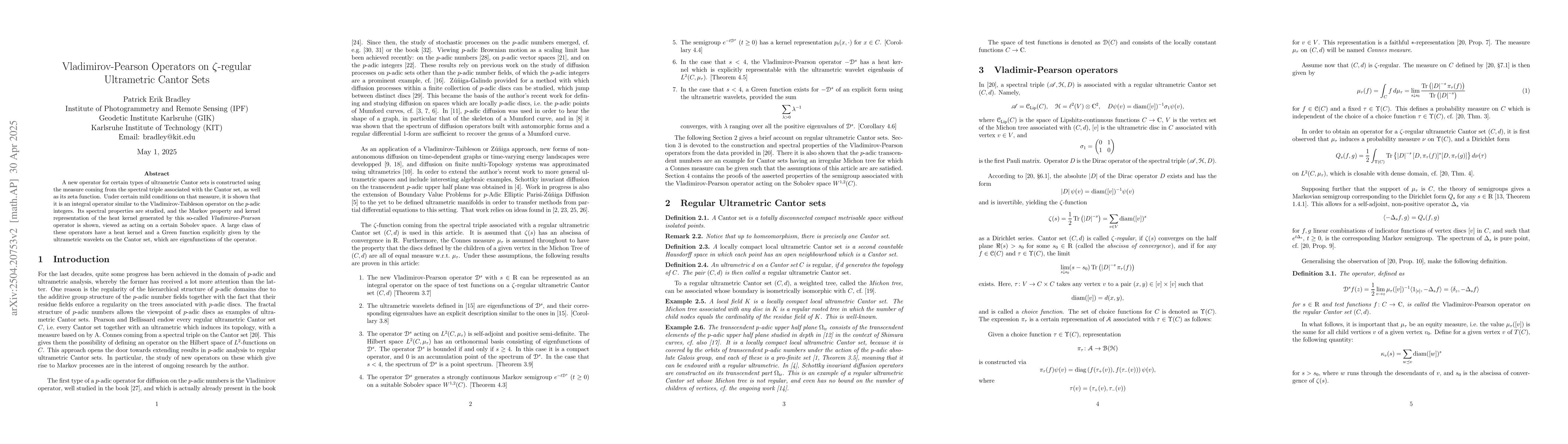 Thumbnail for Vladimirov-Pearson Operators on $ζ$-regular Ultrametric Cantor Sets