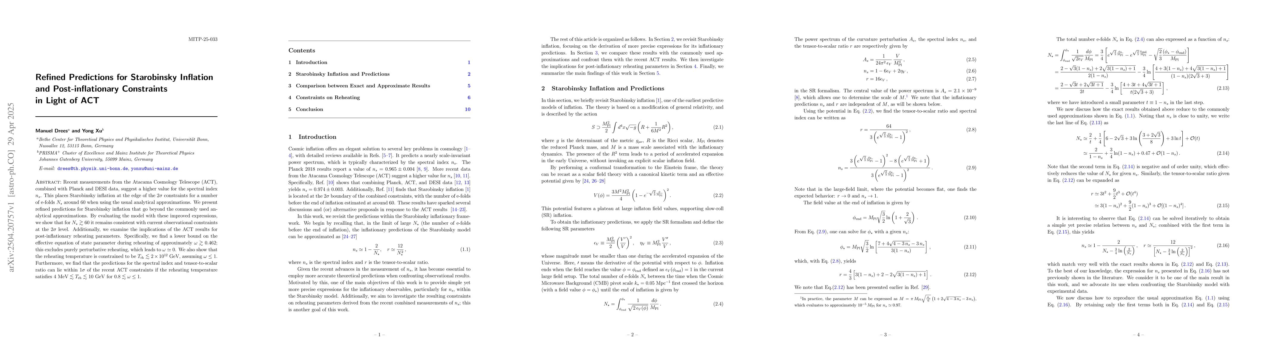 Thumbnail for Refined Predictions for Starobinsky Inflation and Post-inflationary
  Constraints in Light of ACT
