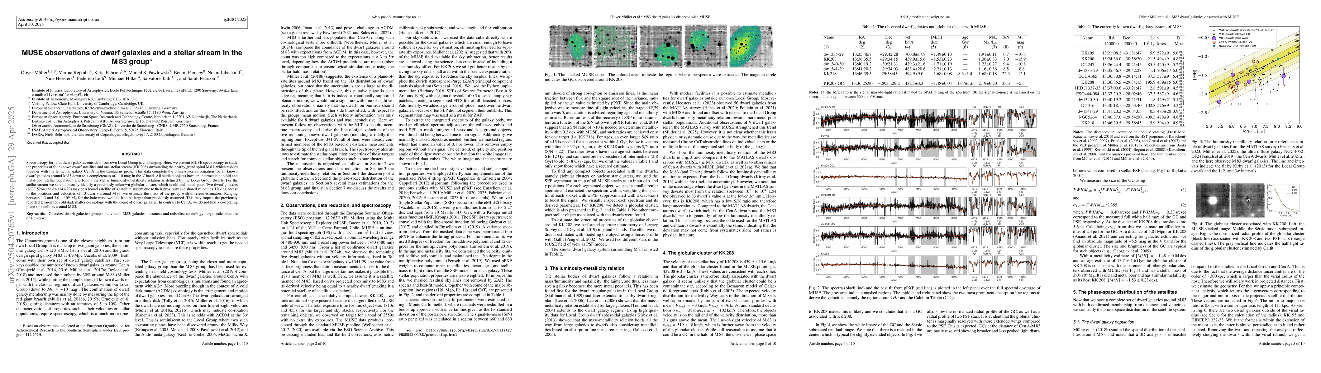 Thumbnail for MUSE observations of dwarf galaxies and a stellar stream in the M83
  group