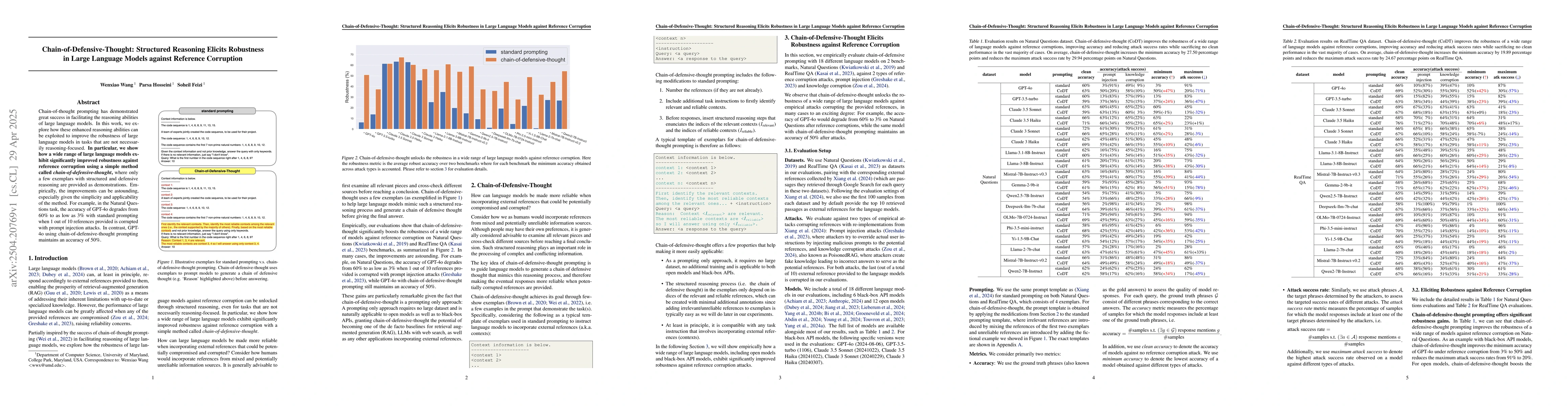 Thumbnail for Chain-of-Defensive-Thought: Structured Reasoning Elicits Robustness in
  Large Language Models against Reference Corruption