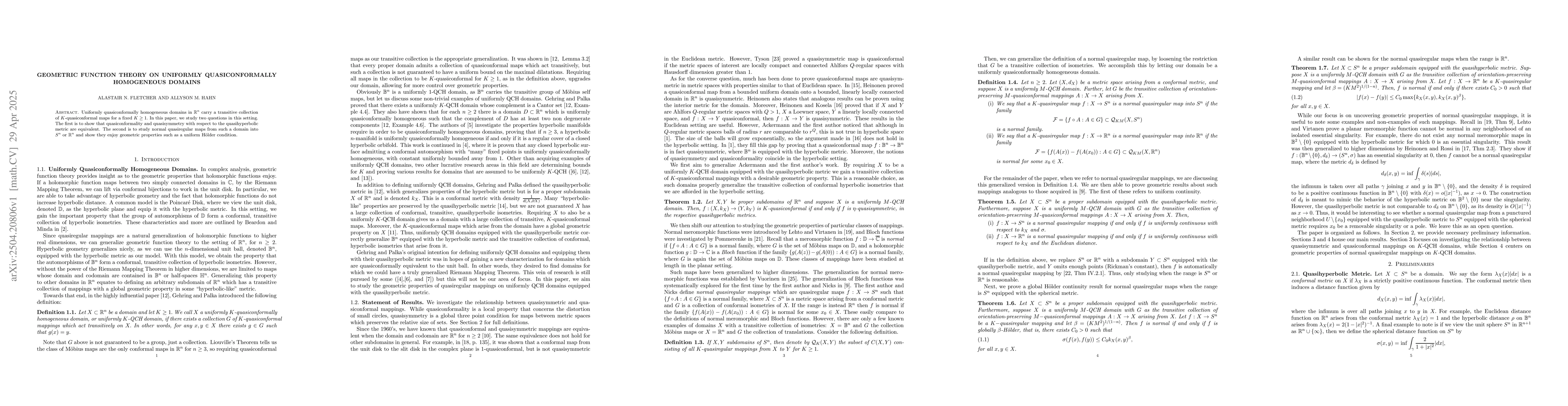 Thumbnail for Geometric Function Theory on Uniformly Quasiconformally Homogeneous
  Domains