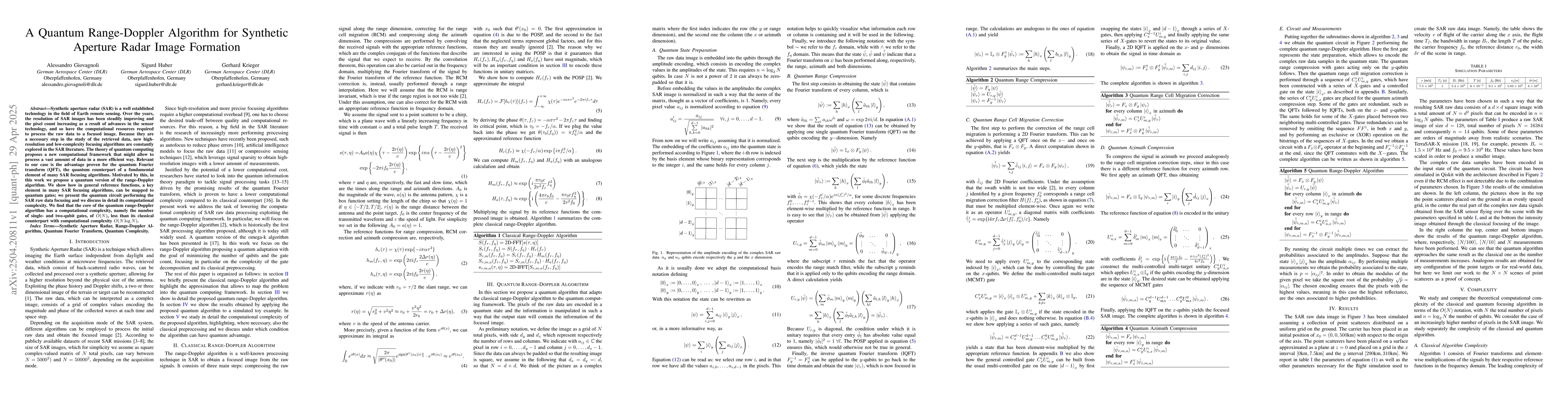 Thumbnail for A Quantum Range-Doppler Algorithm for Synthetic Aperture Radar Image
  Formation