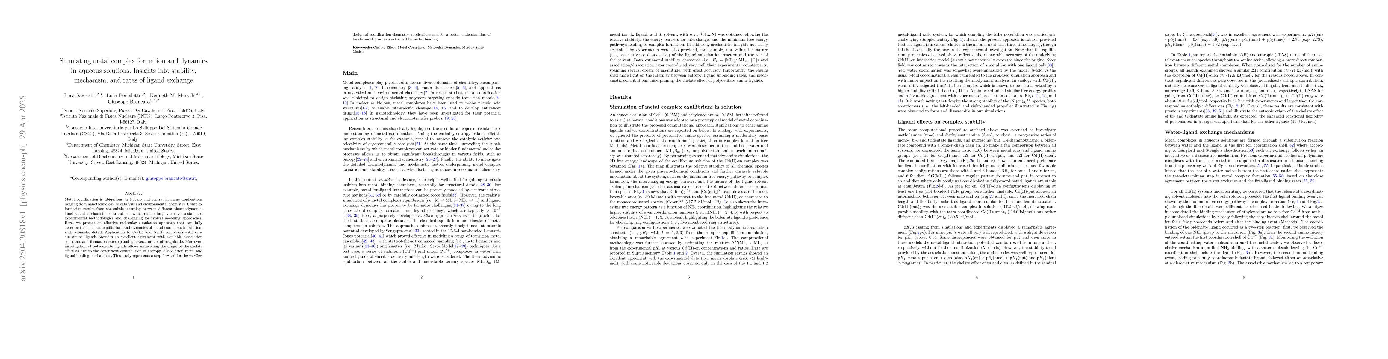 Thumbnail for Simulating metal complex formation and dynamics in aqueous solutions:
  Insights into stability, mechanism, and rates of ligand exchange