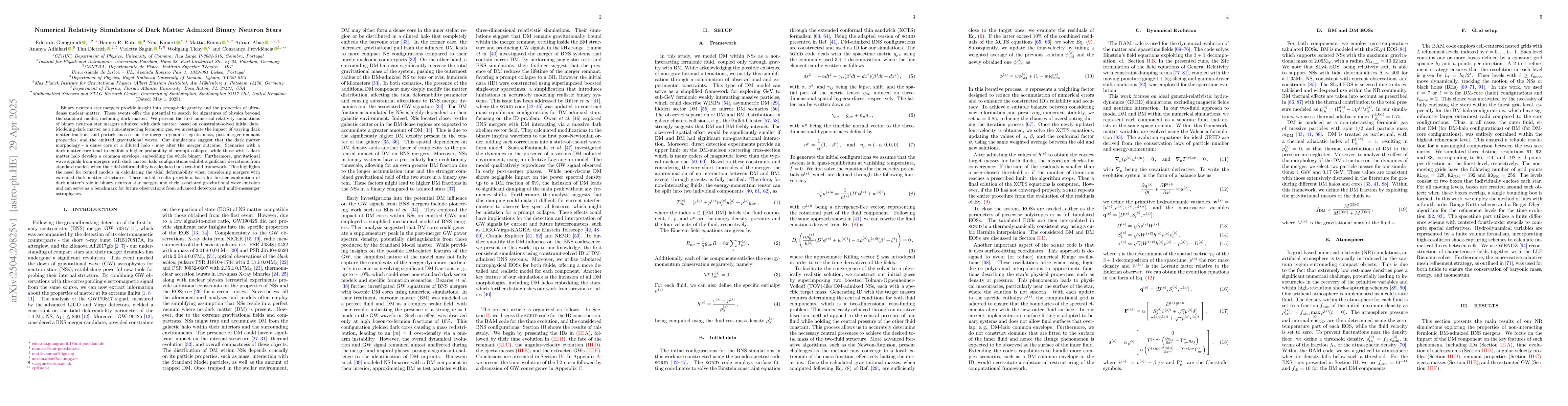 Thumbnail for Numerical Relativity Simulations of Dark Matter Admixed Binary Neutron
  Stars