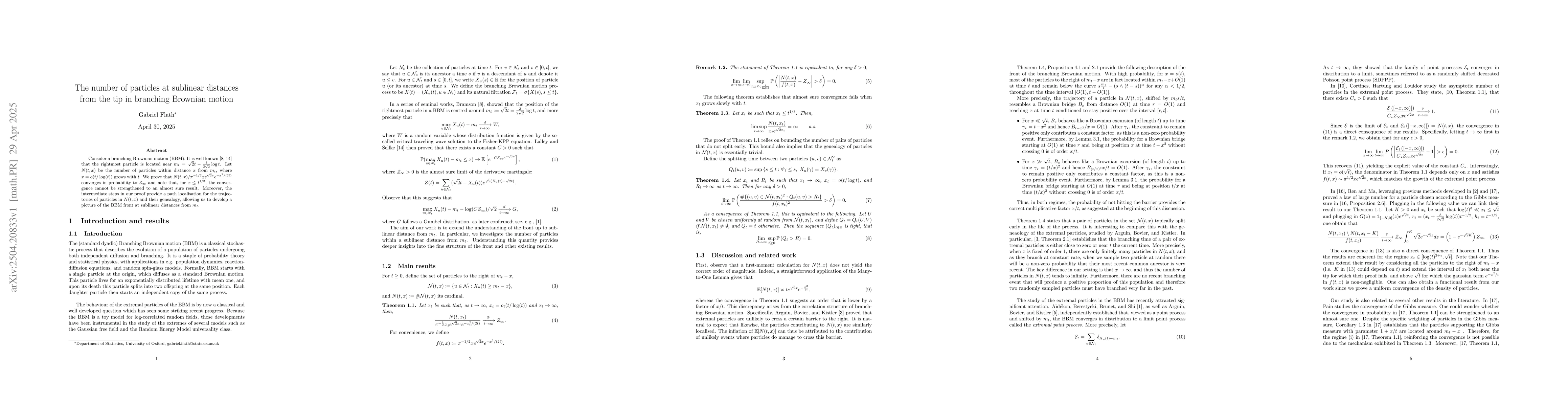 Thumbnail for The number of particles at sublinear distances from the tip in branching
  Brownian motion
