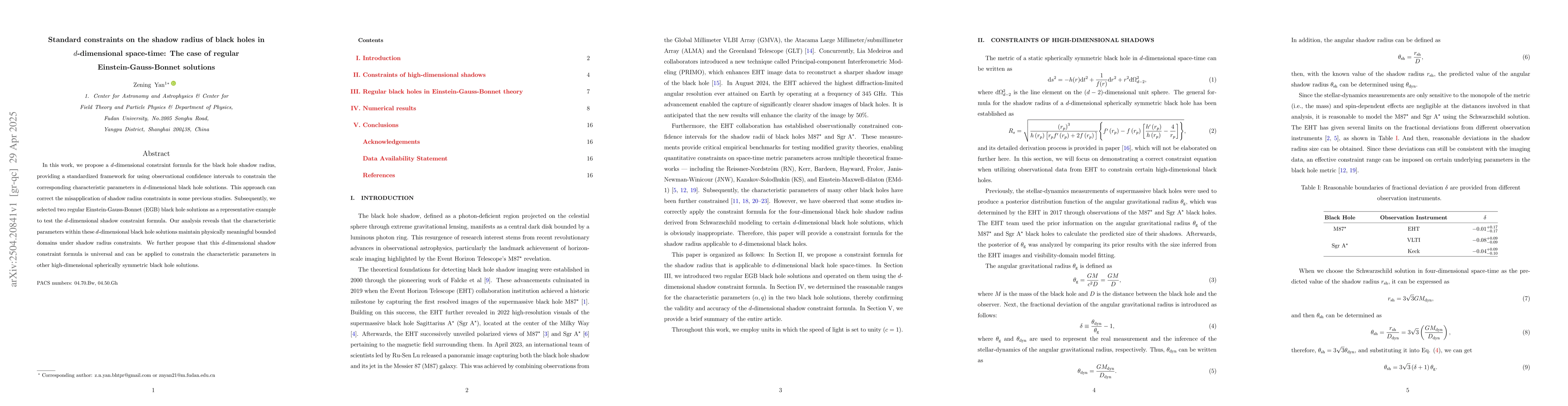 Thumbnail for Standard constraints on the shadow radius of black holes in
  $d$-dimensional space-time: The case of regular Einstein-Gauss-Bonnet
  solutions