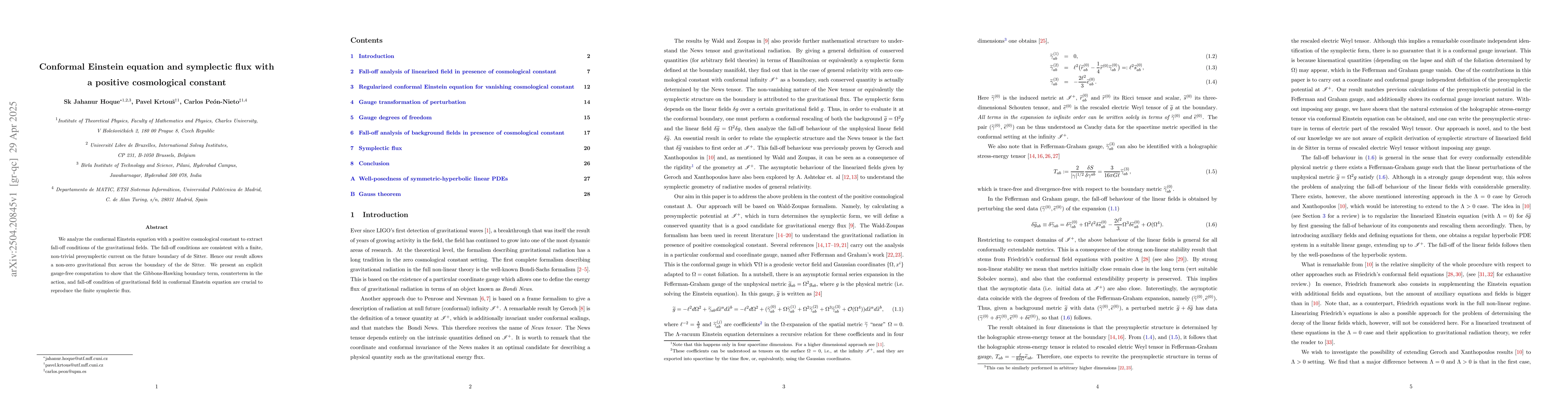 Thumbnail for Conformal Einstein equation and symplectic flux with a positive
  cosmological constant