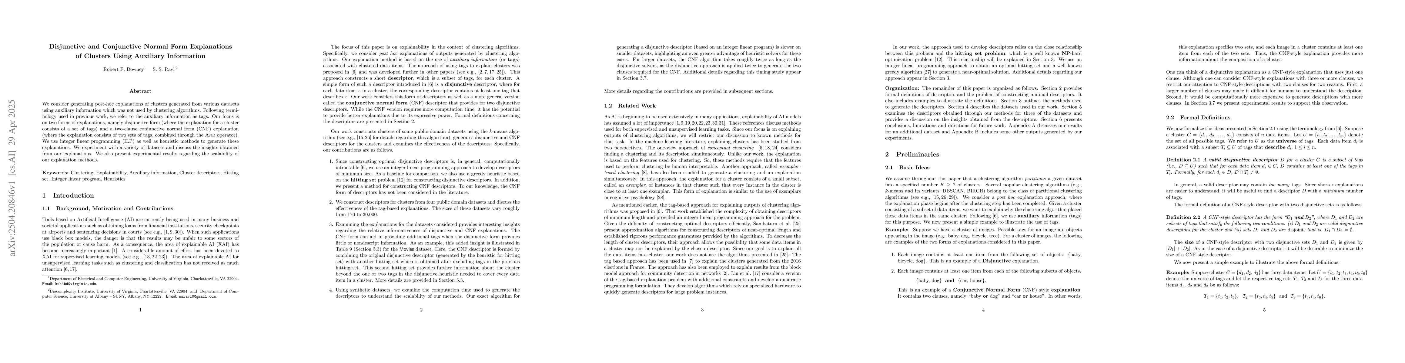 Thumbnail for Disjunctive and Conjunctive Normal Form Explanations of Clusters Using
  Auxiliary Information