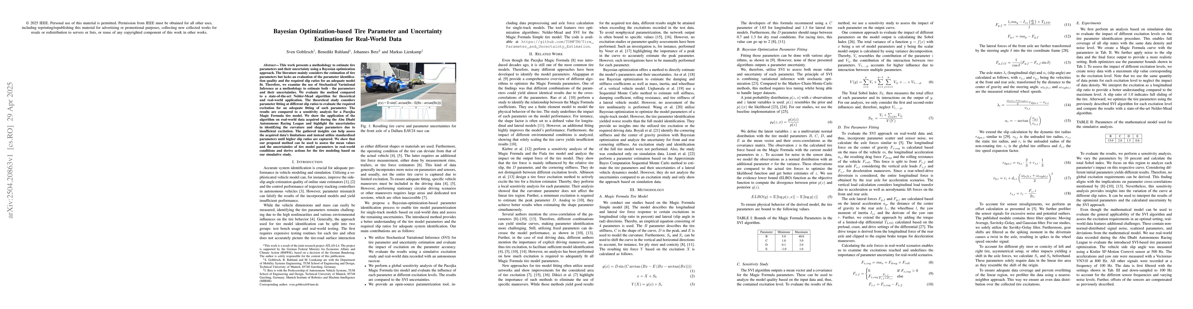 Thumbnail for Bayesian Optimization-based Tire Parameter and Uncertainty Estimation
  for Real-World Data