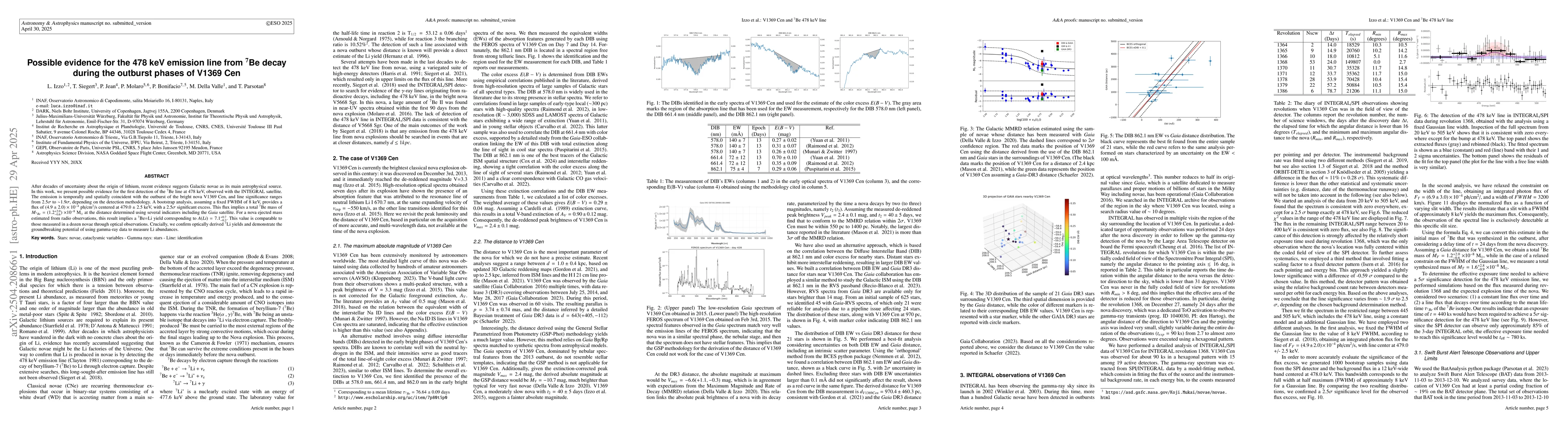 Thumbnail for Possible evidence for the 478 keV emission line from $^7$Be decay during
  the outburst phases of V1369 Cen