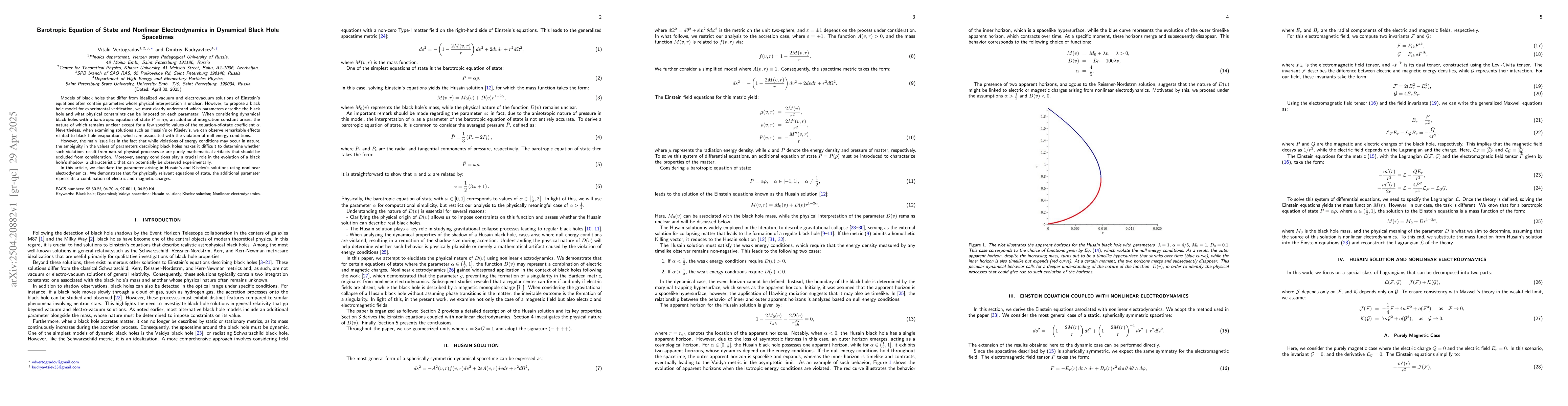 Thumbnail for Barotropic Equation of State and Nonlinear Electrodynamics in Dynamical
  Black Hole Spacetimes