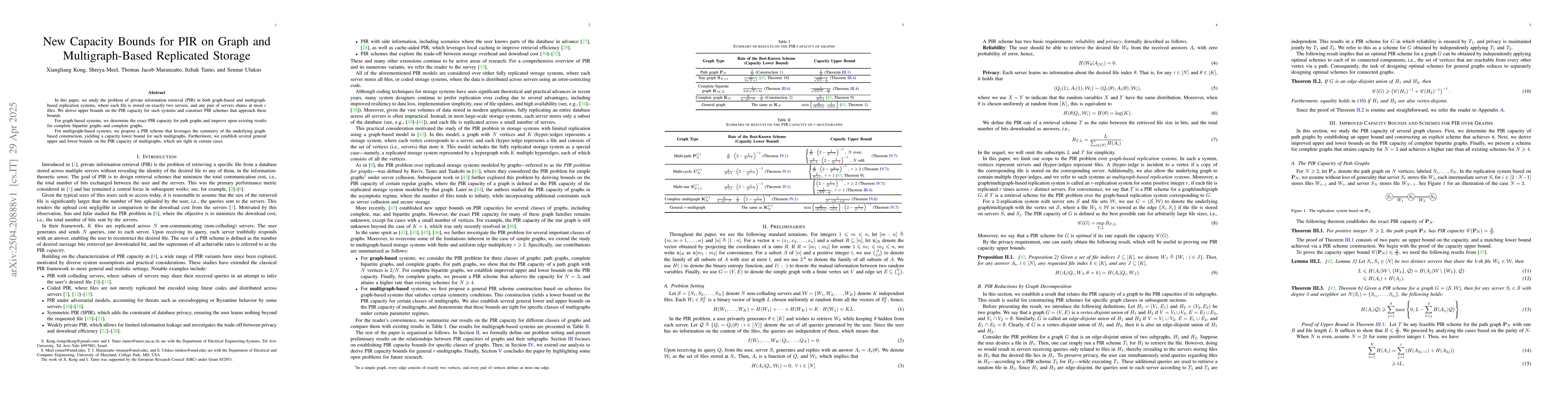 Thumbnail for New Capacity Bounds for PIR on Graph and Multigraph-Based Replicated
  Storage