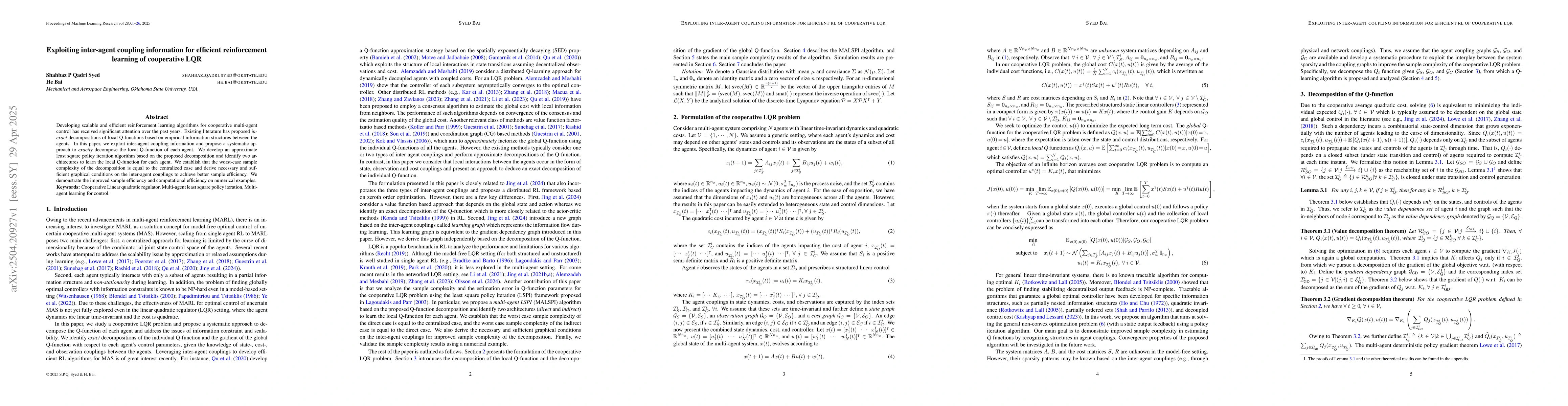 Thumbnail for Exploiting inter-agent coupling information for efficient reinforcement
  learning of cooperative LQR